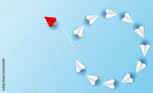 Different business concept.Red paper plane changing direction from white paper plane. new ideas. paper art style. creative idea. vector ,illustration.