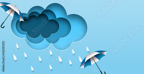 Monsoon, Rainy Season background. design with raining drops and umbrella blue sky background. paper art style. vector.