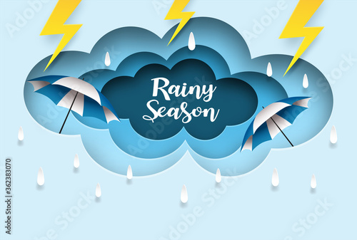 Monsoon, Rainy Season background. design with raining drops and umbrella blue sky background. paper art style. vector.