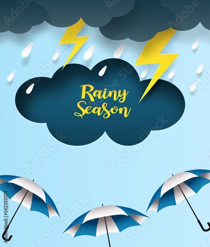 Monsoon, Rainy Season background. design with raining drops and umbrella blue sky background. paper art style. vector.