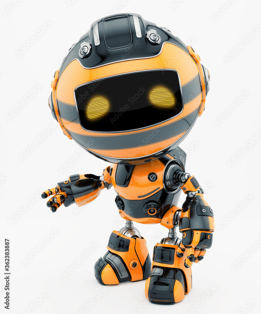 Cute little toy robot with war Paint coloring. Robotic military bee gesturing, 3d rendering Cute little toy robot with war Paint coloring. Robotic military bee gesturing, 3d rendering