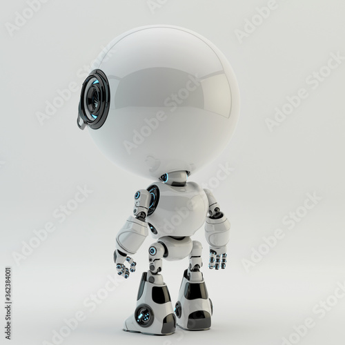 Cute little robotic character with round glossy head and two little camera eyes, 3d rendering