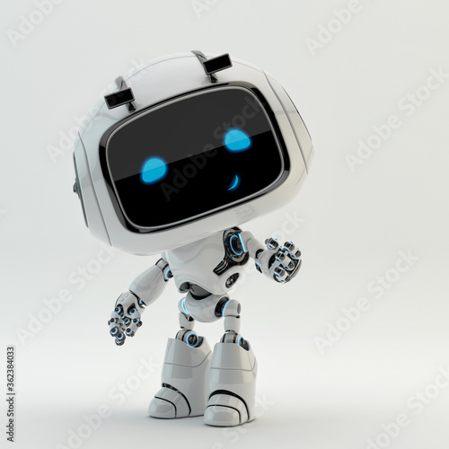 Cute white smiling robotic teen – mini unit robot toy gesturing, 3d rendering
