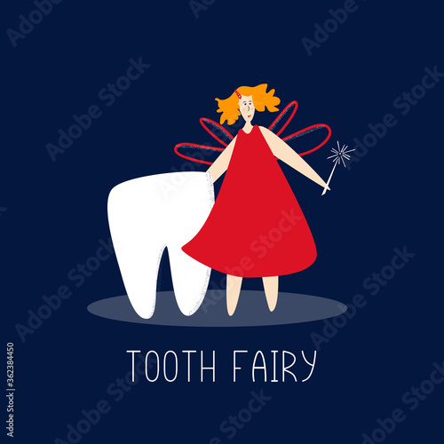 Vector illustration with tooth fairy. fairytale character in flat style