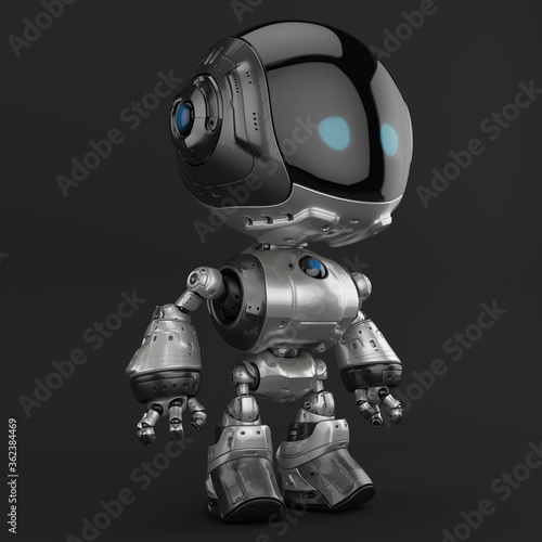 Stylish robotic character - silver colored charming fun bot, 3d rendering in profile