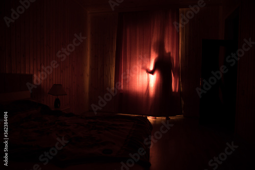 Horror woman in window wood hand hold cage scary scene halloween concept Blurred silhouette of witch. Horror theme © zef art