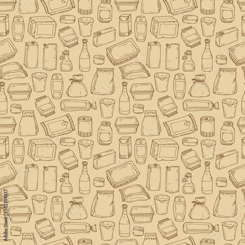 Product packaging Vector Seamless Pattern. Food and drink Packing. Hand Drawn doodle: cans and bottles, plastic boxes, cardboard and paper package blank objects