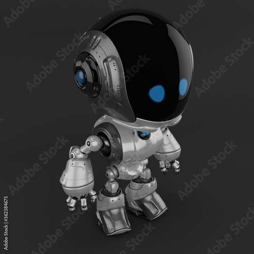 Stylish robotic character - silver colored charming fun bot, 3d rendering in profile upper view