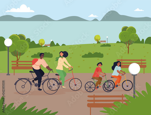 Active young family out cycling together in the park on their bicycles with parents and two kids, colored vector illustration
