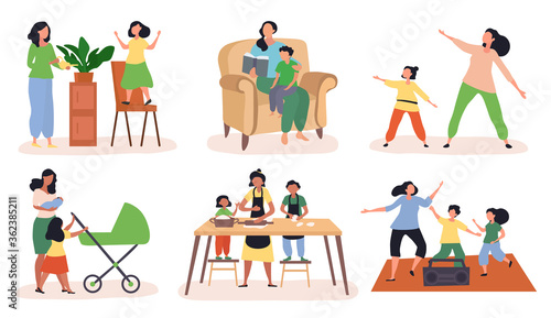 Set of six scenes showing Mums doing various recreational activities with their children, colored vector illustration