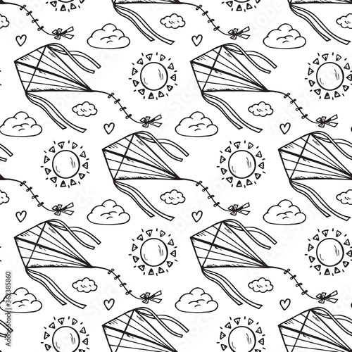 Summer background. Sky Seamless pattern. Hand drawn doodle kite flying, sun, clouds. Background for kids. Children's wallpaper. Black and white
