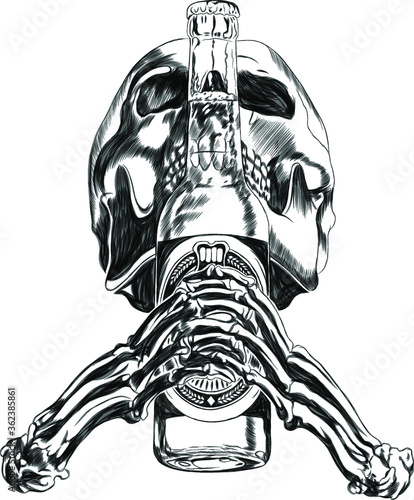 skull of a man with a bottle symbol of harm to health vector illustration print