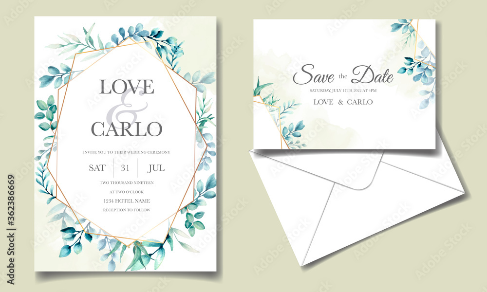 Greenery wedding invitation template set with leaves watercolor