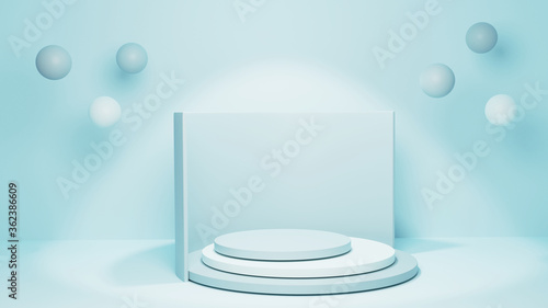 3D blue podium or mock up scene with abstract geometric shapes. 3D render.