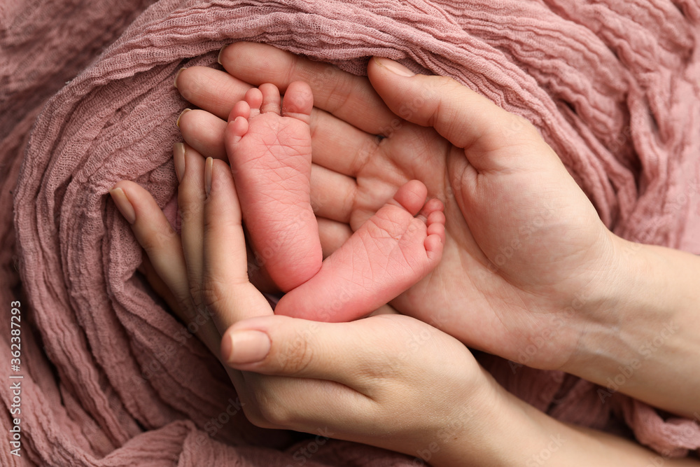 children's feet in mother's hands close-up. female palms. Heels of a newborn baby on a pink background. children's feet in mother's hands close-up. female palms. Heels of a newborn baby on a pink background.