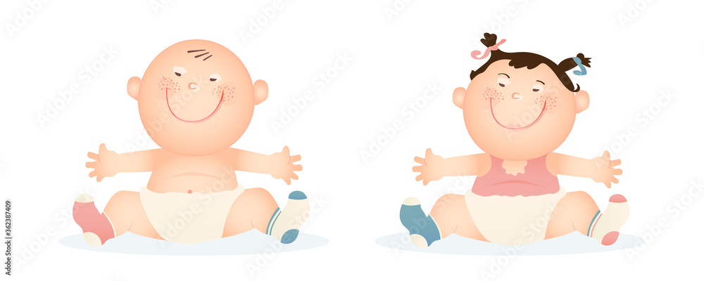 Down Syndrome. Cute smiling children with trisomy 21 (genetic disorder). Baby boy and baby girl wearing different color socks, diapers. Wanting a hug. Isolated on white background. Down Syndrome. Cute smiling children with trisomy 21 (genetic disorder). Baby boy and baby girl wearing different color socks, diapers. Wanting a hug. Isolated on white background.
