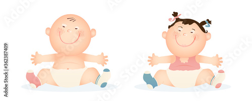 Down Syndrome. Cute smiling children with trisomy 21 (genetic disorder). Baby boy and baby girl wearing different color socks, diapers. Wanting a hug. Isolated on white background.
