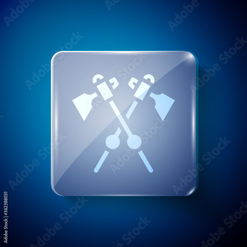White Crossed medieval axes icon isolated on blue background. Battle axe, executioner axe. Medieval weapon. Square glass panels. Vector.