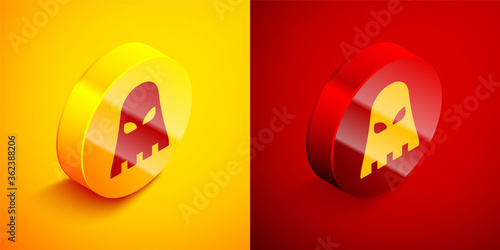 Isometric Executioner mask icon isolated on orange and red background. Hangman, torturer, executor, tormentor, butcher, headsman icon. Circle button. Vector.