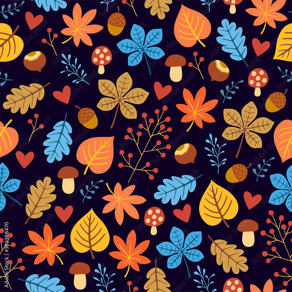 Autumn colorful seamless pattern with leaves, hazelnuts, mushrooms and acorns