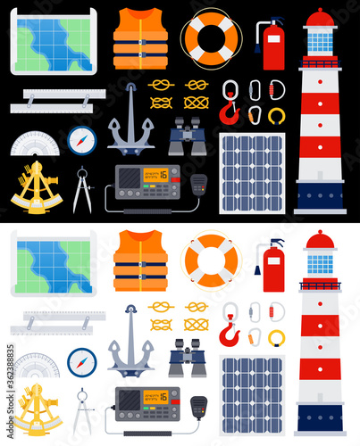 Sailing yacht rigging equipment. Lighthouse, anchor, binoculars, lifebuoy, life jacket, hook, knots, carbines, compass, map, protractor. vector flat icons. Isolated on white and black