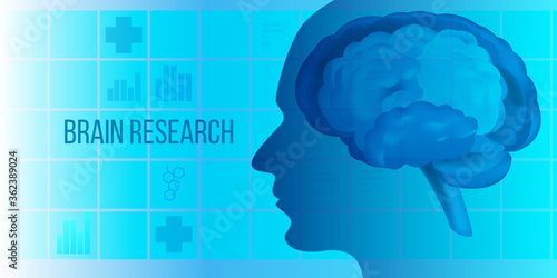 Brain neurosurgery and research medical concept with human head silhouette, abstract blue background. Healthcare banner with hologram, graphics and icons.