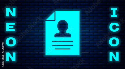 Glowing neon Resume icon isolated on brick wall background. CV application. Searching professional staff. Analyzing personnel resume. Vector.