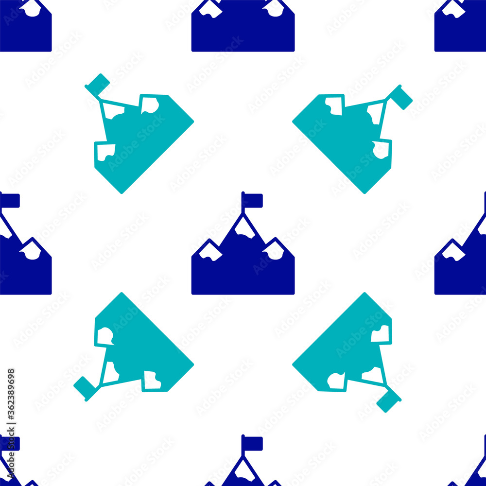 Blue Mountains with flag on top icon isolated seamless pattern on white background. Symbol of victory or success concept. Goal achievement. Vector.