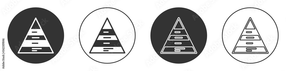 Black Business pyramid chart infographics icon isolated on white background. Pyramidal stages graph elements. Circle button. Vector. Black Business pyramid chart infographics icon isolated on white background. Pyramidal stages graph elements. Circle button. Vector.