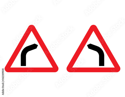 Sharp bend to the right / to the left traffic sign. Warning of dangerous turn. Vector illustration of warning road sign set. Red triangle with black bend symbol inside.