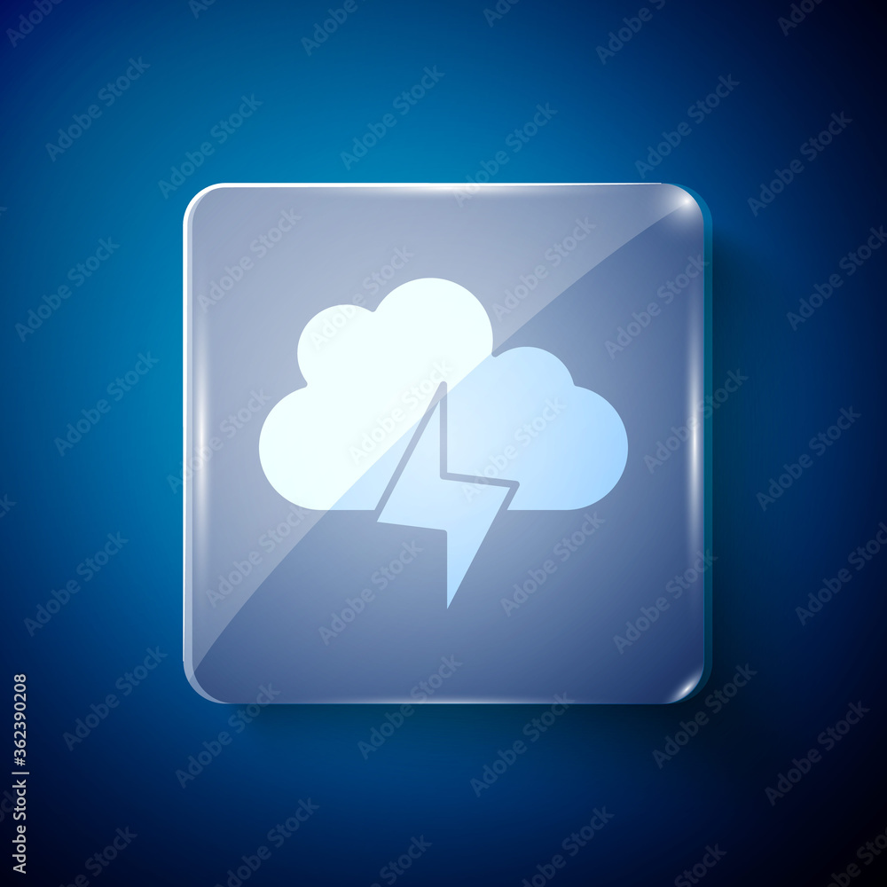 White Storm icon isolated on blue background. Cloud and lightning sign. Weather icon of storm. Square glass panels. Vector. White Storm icon isolated on blue background. Cloud and lightning sign. Weather icon of storm. Square glass panels. Vector.