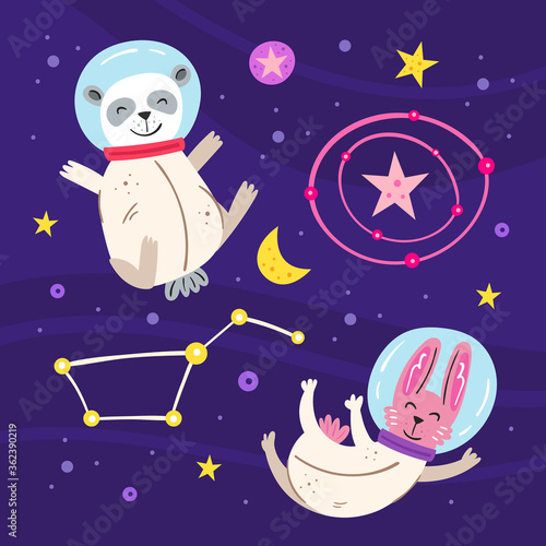 Fototapeta Naklejka Na Ścianę i Meble -  Space vector flat illustration, set of elements, stickers, icons. Panda bear and rabbit in space suits, star, moon, planet. Ufo. Galaxy, science. Futuristic. Isolated on background. Card making.