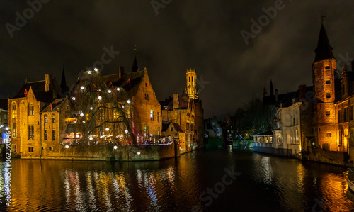 Belgium night scene on the Rozenhoedkaai canal, Bruges, Belgium
