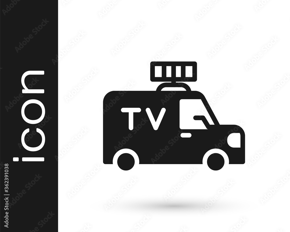 Black TV News car with equipment on the roof icon isolated on white background. Vector.