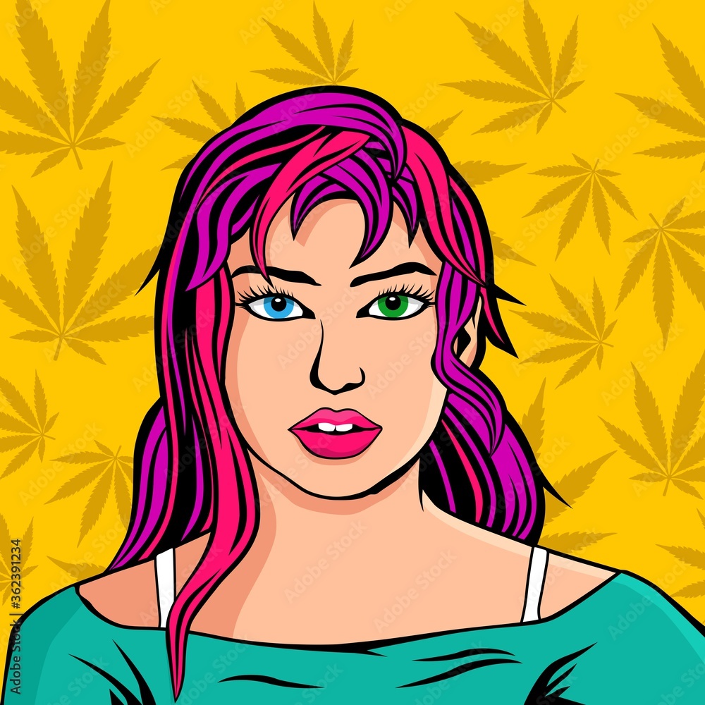 Beautiful Girl Pop Art Illustration Summer Cannabis Marijuana Background Beautiful Girl Pop Art Illustration Summer Cannabis Marijuana Background