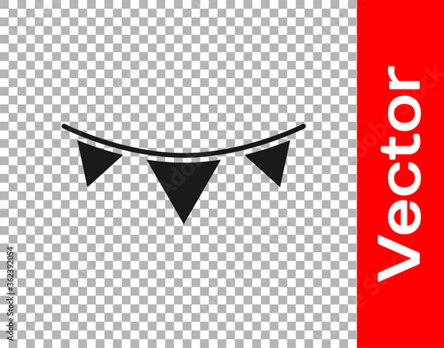 Black Carnival garland with flags icon isolated on transparent background. Party pennants for birthday celebration, festival decoration. Vector.