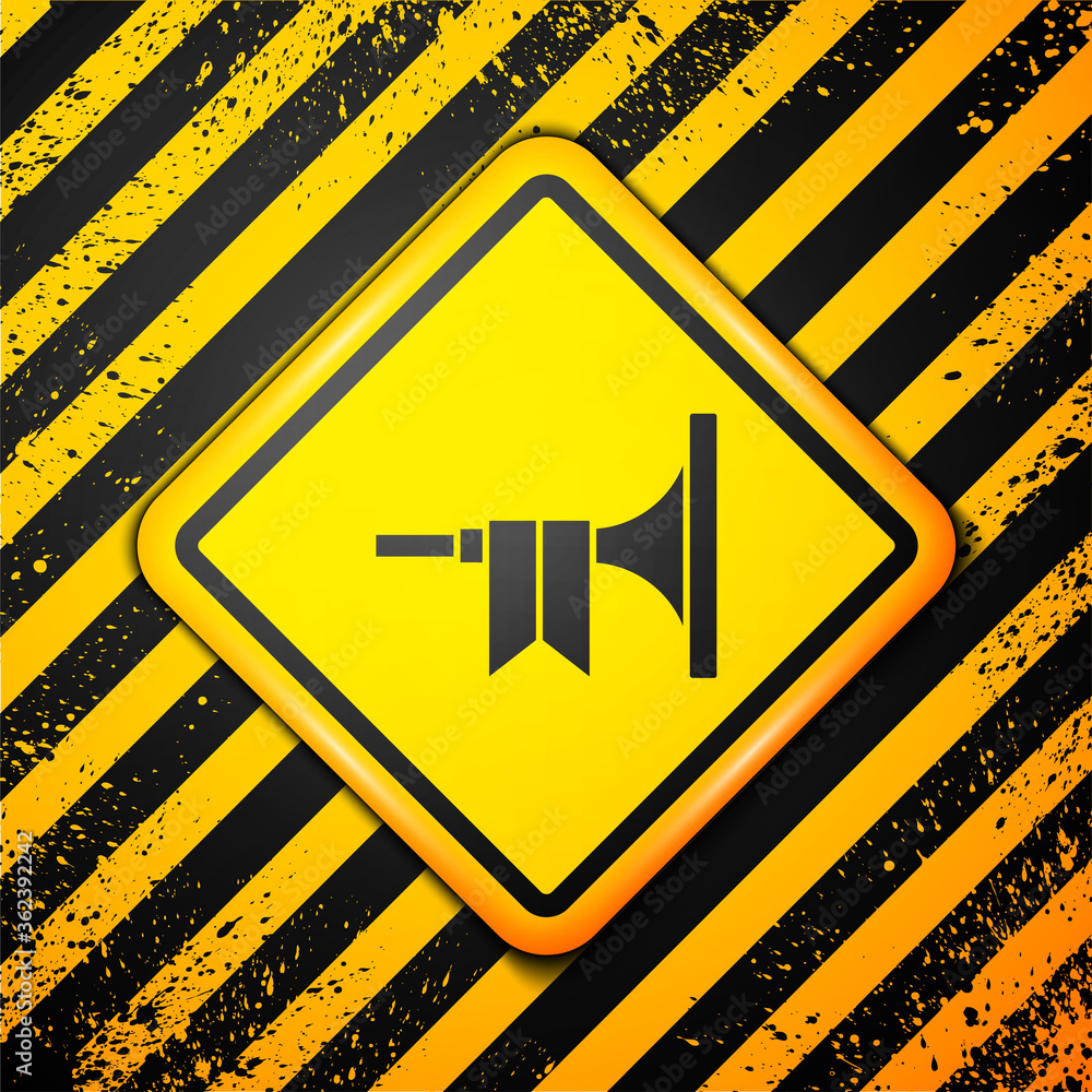 Black Musical instrument trumpet icon isolated on yellow background. Warning sign. Vector. Black Musical instrument trumpet icon isolated on yellow background. Warning sign. Vector.