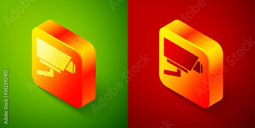 Isometric Security camera icon isolated on green and red background. Square button. Vector.