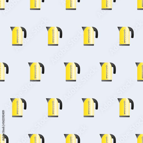 Seamless pattern Electric yellow kettle in a flat style. Blue background on the theme of the kitchen. Electric kettle icon. Vector.