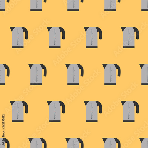 Seamless pattern Electric gray kettle in a flat style. Yellow background on the kitchen theme. Electric kettle icon. Vector.