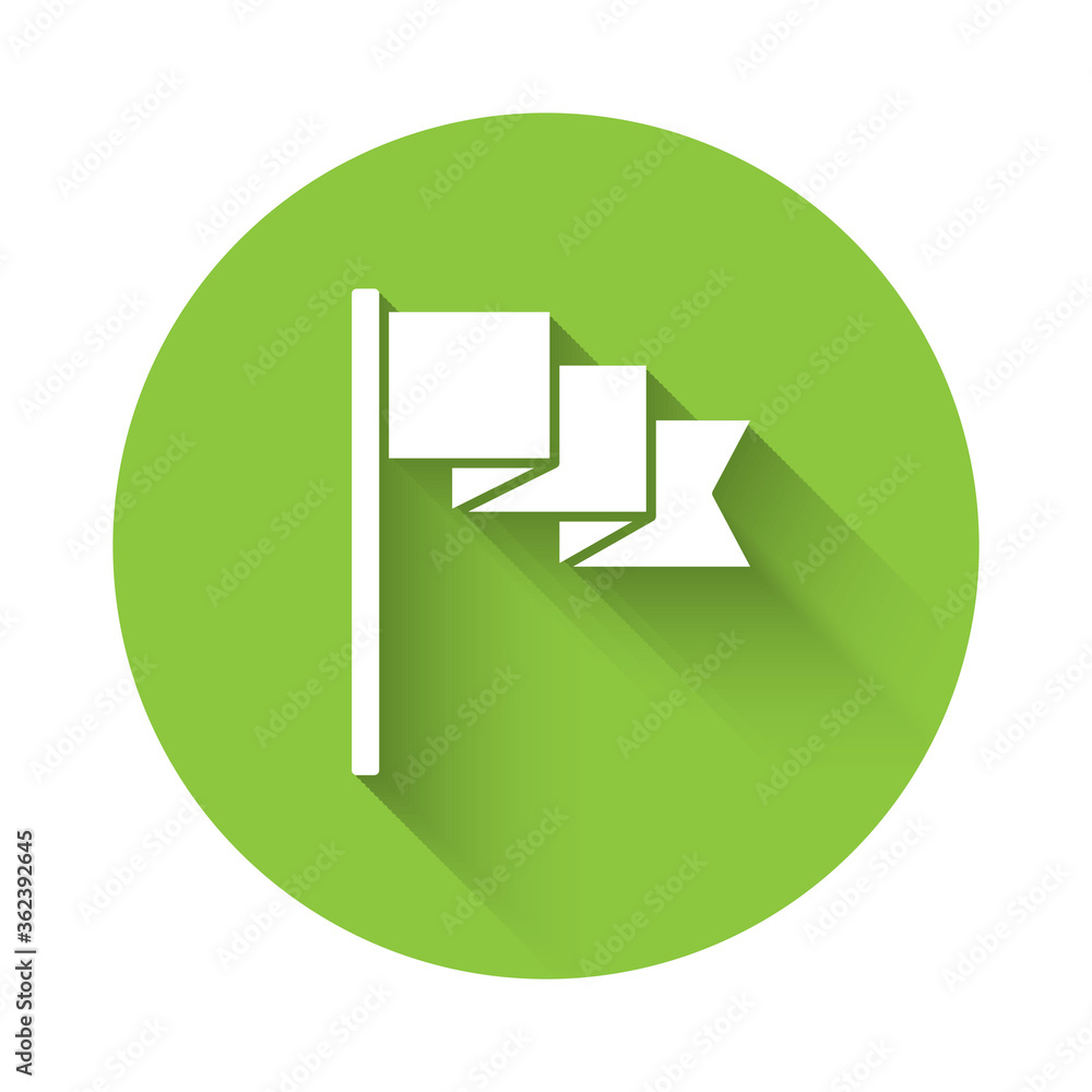 White Flag icon isolated with long shadow. Location marker symbol. Green circle button. Vector. White Flag icon isolated with long shadow. Location marker symbol. Green circle button. Vector.