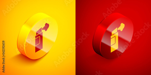 Isometric Pepper spray icon isolated on orange and red background. OC gas. Capsicum self defense aerosol. Circle button. Vector.