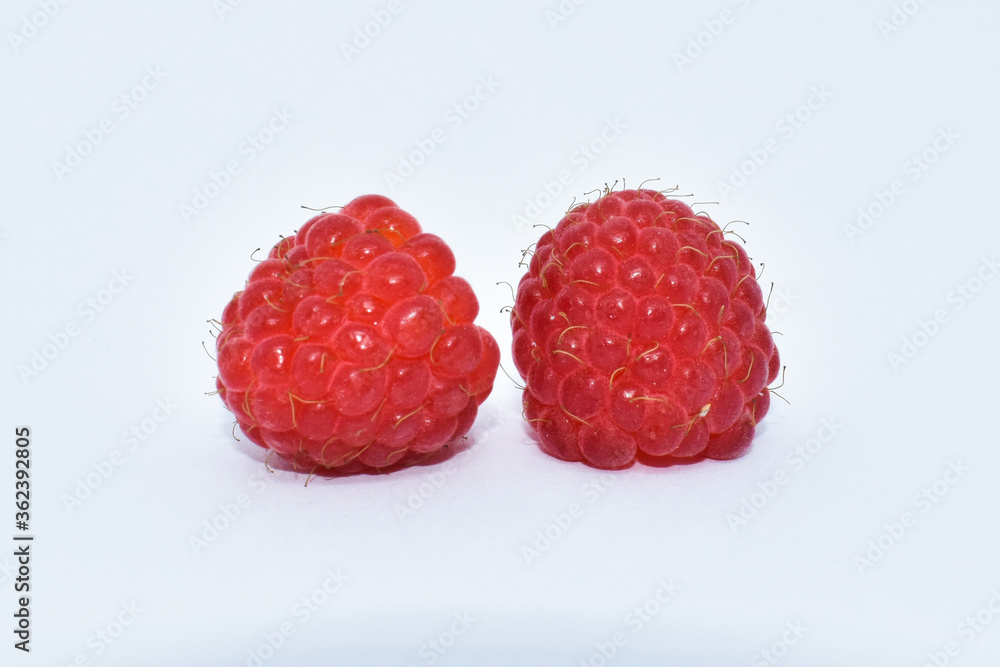 Juicy raspberry berries on a white background. Seasonal summer berry, a source of vitamins. Healthy food, dessert ingredient. Juicy raspberry berries on a white background. Seasonal summer berry, a source of vitamins. Healthy food, dessert ingredient.