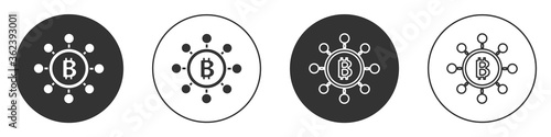 Black Blockchain technology Bitcoin icon isolated on white background. Abstract geometric block chain network technology business. Circle button. Vector.