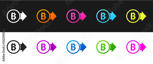 Set Cryptocurrency coin Bitcoin icon isolated on black and white background. Physical bit coin. Blockchain based secure crypto currency. Vector.