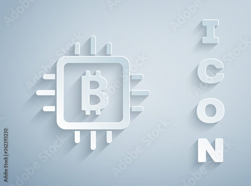 Paper cut CPU mining farm icon isolated on grey background. Bitcoin sign inside processor. Cryptocurrency mining community. Digital money. Paper art style. Vector.