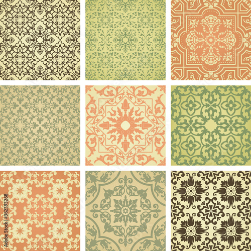 Collection of 9 colorful tile with Islam, Arabic, Indian, Ottoman motifs. Majolica pottery tile. Portuguese and Spain azulejo. Ceramic tiles. Damask wallpaper. Vector illustration