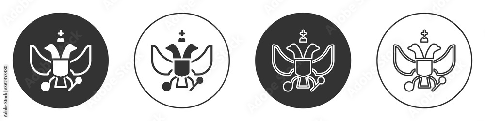 Black National emblem of Russia icon isolated on white background. Russian coat of arms two-headed eagle. Circle button. Vector. Black National emblem of Russia icon isolated on white background. Russian coat of arms two-headed eagle. Circle button. Vector.