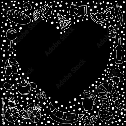 Romantic Italy.  Set with Italian attributes.Vector encoded illustration with Italian design element. Design of postcards, invitation cards, posters, stickers, clothing, fabrics.