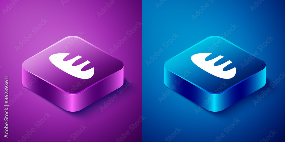 Isometric Bread loaf icon isolated on blue and purple background. Square button. Vector. Isometric Bread loaf icon isolated on blue and purple background. Square button. Vector.